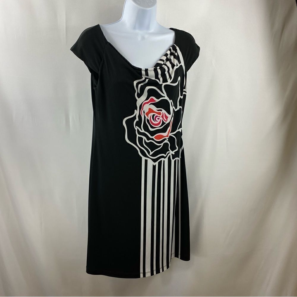 White House Black Market Stripes with Red Rose Dress, Size S black, white & red